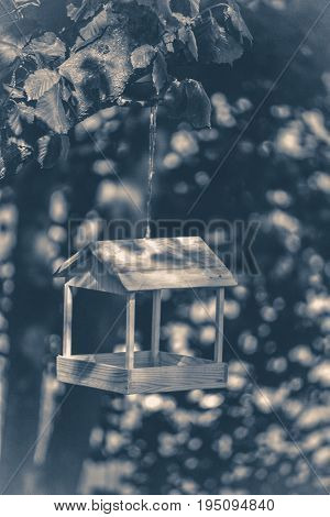Old vintage photo. Wooden feeder in the woods in Sunny day in summer copy space