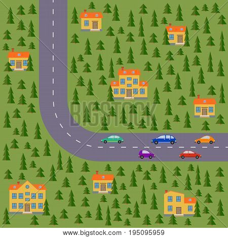 Plan of village. Landscape with the road pinewood cars and houses. Vector illustration