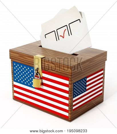 American flag textured ballot box and enveloppe. 3D illustration.