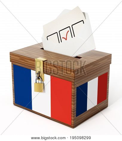 French flag textured ballot box and enveloppe. 3D illustration.