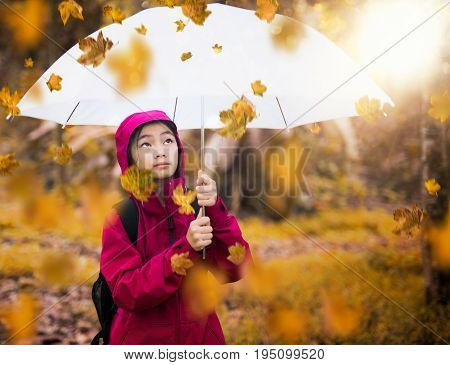 Asian girk with umbrella in autumn gardent and fall leaves
