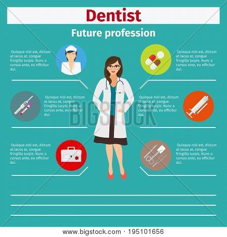 Future profession dentist infographic for students, vector illustration
