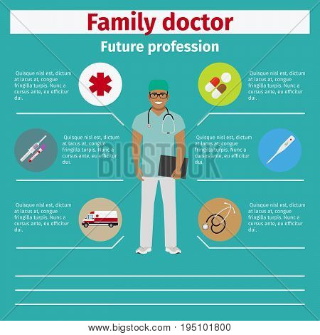 Future profession family doctor infographic for students, vector illustration