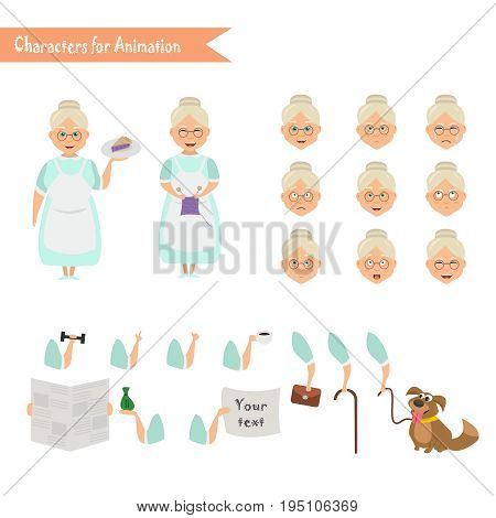 Grandmother housewife character for scenes. Parts of body template for animation. Funny Grandmother housewife cartoon. Emoji face icons
