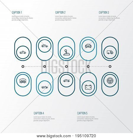 Car Outline Icons Set. Collection Of Accumulator, Bonnet, Stick And Other Elements. Also Includes Symbols Such As Pickup, Charge, Garage.