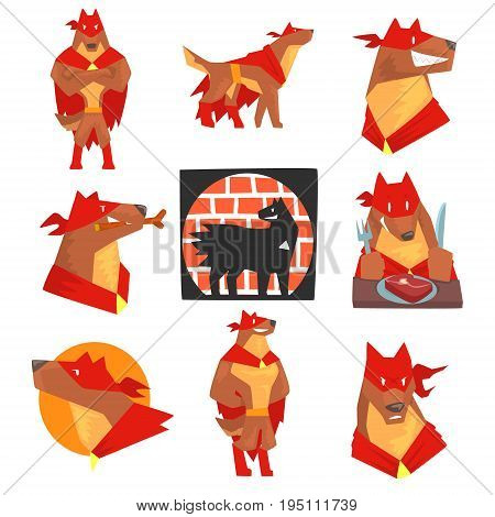 Dog superhero character in action set, dog in different poses with red cape vector Illustrations isolated on a white background