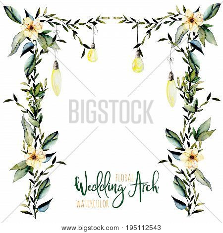 Watercolor floral wedding arch with hanging lamps for bridal design, wedding and invitation cards, hand painted isolated on a white background