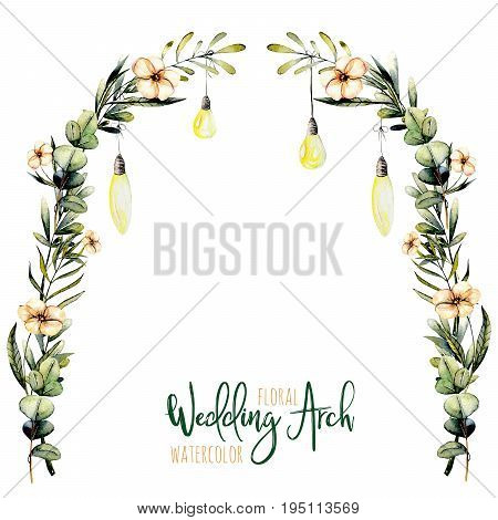 Watercolor floral wedding arch with hanging lamps for bridal design, wedding and invitation cards, hand painted isolated on a white background