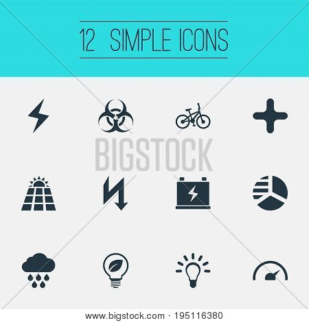 Vector Illustration Set Of Simple Energy Icons. Elements Tachometr, Velocipede, Safe Lightbulb And Other Synonyms Supply, Peril And Cloudburst.