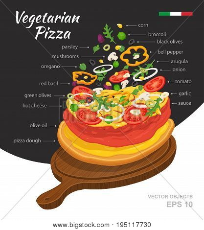 Vector illustration of hot Vegetarian Pizza on wooden board. Falling ingredients. Traditional Italian recipe. Infographic creative design. Fastfood isolated on black and white background