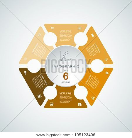 Vector infographic web element of brown hexagon and white round cut from paper shapes with text and icons on the gradient gray background.