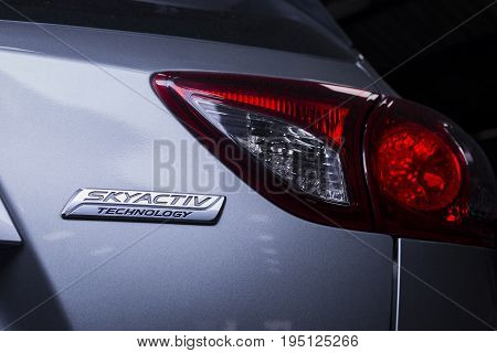 BANGKOK, THAILAND - JULY, 5 2017: Closeup of Skyactiv logo on Mazda CX-5 2016 model, exclusive technology from Mazda to increase fuel efficient and engine output.