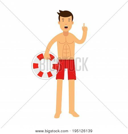 Lifeguard man character on duty standing with lifebuoy and raising his inger up warningly vector Illustration isolated on a white background