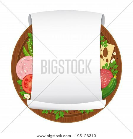 Vector illustration. Wooden cutting board with sausage cheese vegetables spices and empty curled blank paper sheet isolated on white background. Parchment scroll. Banner template. Cartoon style