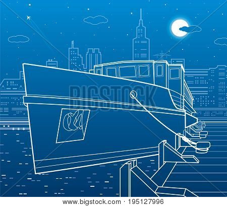 Ship on the river. Nigt city in the background. White lines transportation illustration. Vector design art