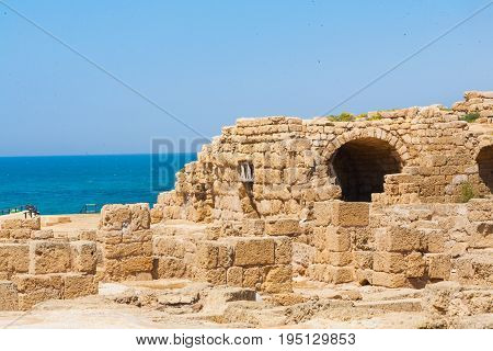 Roman falled stone buildin in caesarea Archaeological site close to Herod the Great hippodrome