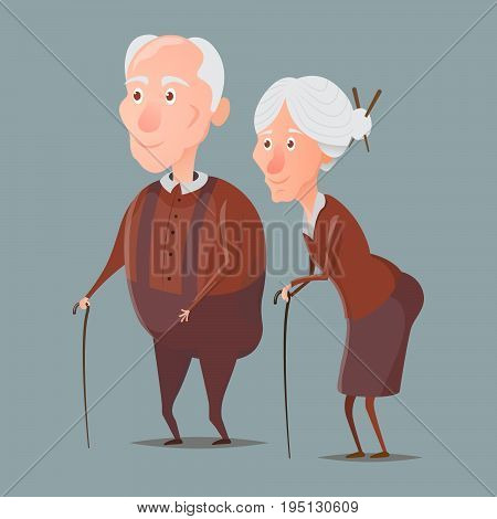 Cartoon old grandmother and grandfather walking with sticks and smiling. Vector characters