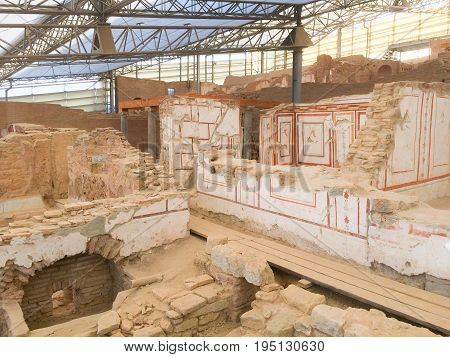 Roman stone terraced houses room with decorated walls in ephesus Archaeological site in turkey