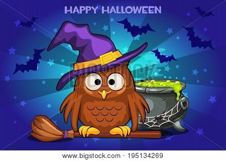 Cartoon funny owl and pot with Magic potion, set Illustration Happy Halloween