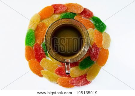 Cup Of Coffee And Sweets - Pineapple Candied Fruits On A White Background.  Located In The Center