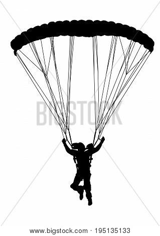 Front Profile Silhouette Of Sky Diver With Open Parachute