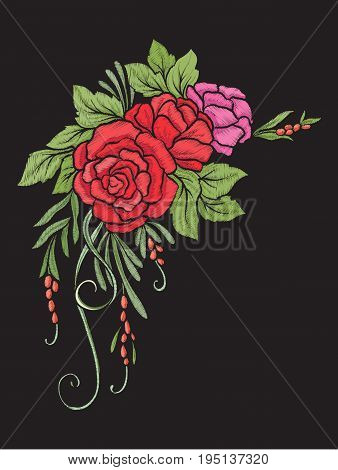 Flowral composition. Embroidery on black background Vector illustration