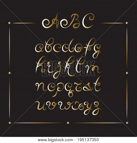 Handwritten font. Gold letters. Cursive. The background is black. Modern calligraphy, italic font. Design for printing: logo, greeting cards, posters.
