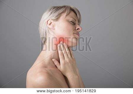 Throat Pain. Beautiful Woman Having Sore Throat, Feeling Sick. Unhappy Ill Female Suffering From Painful Swallowing, Strong Pain In Throat, Holding Hand On Her Neck. Health Concept. High Resolution.