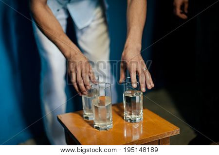 Many Glasses On A Table With Alcohol And Without