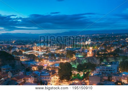 Tbilisi, Georgia. Bridge Of Peace, Concert Music Hall, Metekhi Church, Presidential Administration Palace - Avlabari Residence, Old Historic District Abanotubani In Evening Night Illumination
