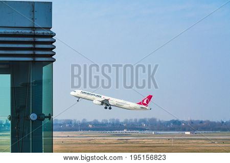 DUSSELDORF NRW GERMANY - MARCH 18 2015: Airbus A321 of Turkish Airlines at startup on the Dusseldorf airport.