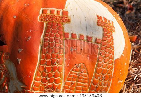 CHADDS FORD, PA - OCTOBER 26: View of Castle Pumpkin at The Great Pumpkin Carve carving contest on October 26, 2013