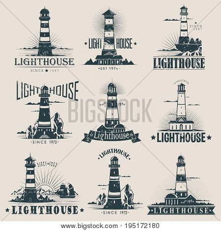 Isolated lighthouse sketches near rocks and reefs, sea and ocean, buildings near ships or fregate. Guidance structure at port or harbor. Nautical hazard banner or marine sign, sailor and travel logo