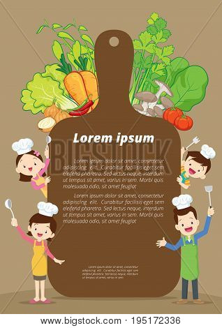 Cute family cooking meal menu posterbanner template. dad mom daughter son enjoys with vegetables background.