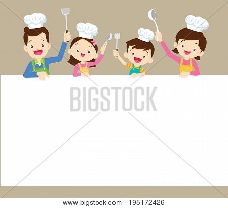 Cute family cooking meal menu posterbanner template. dad mom daughter son enjoys with vegetables background.