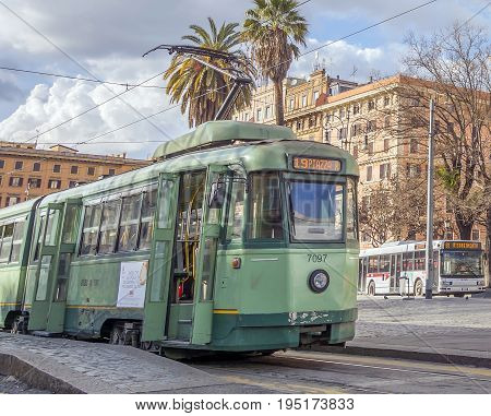 Rome Italy february 11 2017: ancient tram moving in Piazza Risorgimento in Rome Italy