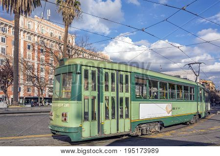 Rome Italy february 11 2017: ancient tram moving in Piazza Risorgimento in Rome Italy