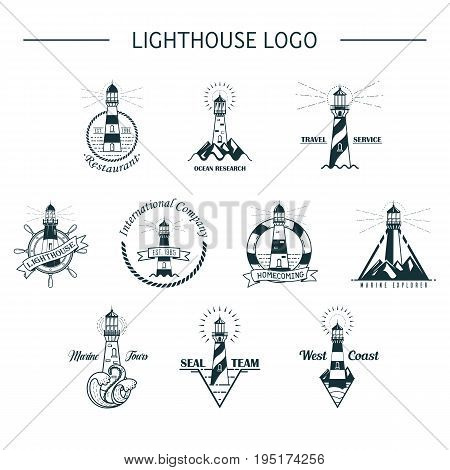 Set of isolated lighthouse sketches with waves and rocks, lifebuoy around, nautical beacon with lamp banner, searchlight near sea or ocean shore. Night hazard optical detection. Seaside theme