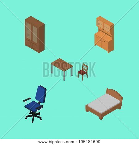 Isometric Furnishing Set Of Chair, Bedstead, Cupboard And Other Vector Objects. Also Includes Bedstead, Furniture, Bed Elements.