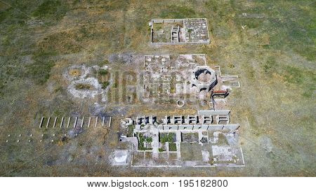 concrete ruins of one of five reduction plants and pump stations manufacturing potash during World War I near Antioch, Nebraska, aerial view