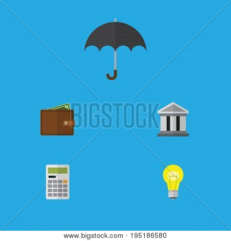 Flat Icon Incoming Set Of Billfold, Parasol, Bubl And Other Vector Objects. Also Includes Umbrella, Pocketbook, Light Elements.