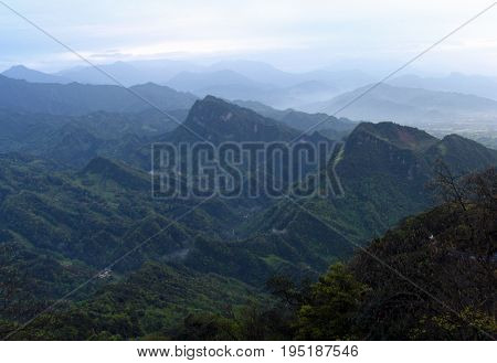 View of Qingcheng Mountain from Laojun Pavilion before sunrise Sichuan province of China