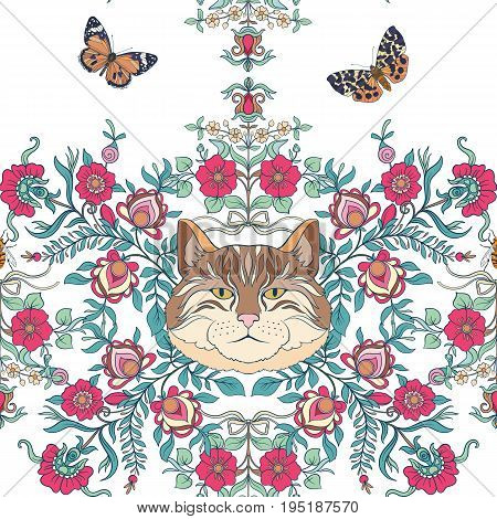 Seamless pattern, background with vintage style flowers and cats and butterflies in pink and green colors. Stock line vector illustration.