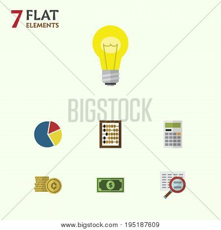 Flat Icon Finance Set Of Calculate, Bubl, Cash And Other Vector Objects. Also Includes Greenback, Search, Shiner Elements.