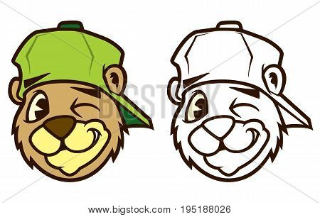 Cool brown cartoon hip hop bear character with cap. Emotion: winking. Vector clip art illustration