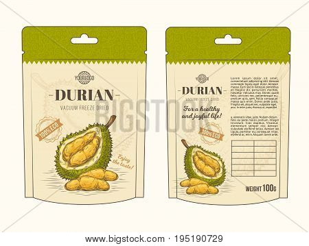 Vector illustration in design packing for durian fruit, template, moc up in style engraving