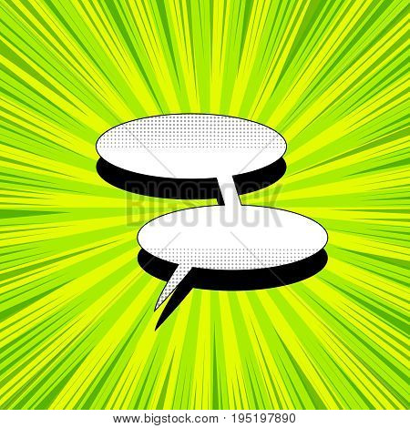 Comic book page template with blank white double speech bubble, halftone effects and rays on green radial background. Vector illustration