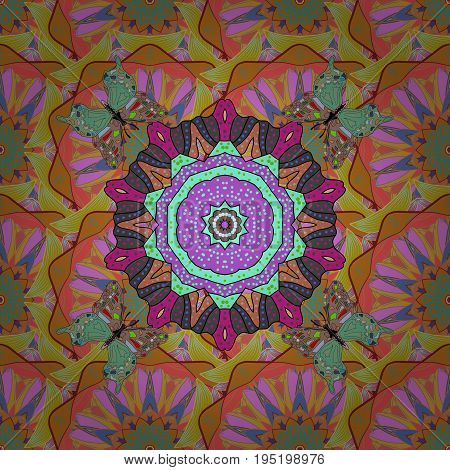 Mandala on colorful background. Geometric circle element in glod colors. Spiritual and ritual symbol of Islam Arabic Indian religions. Vector Round Ornament Pattern.