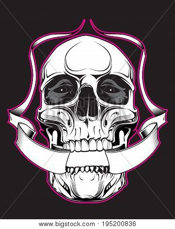 Skull with heraldic ribbon on black background