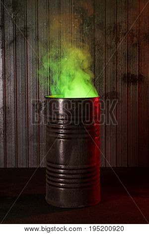 Post-apocalyptic background with old rusty barrel and green toxic smoke 